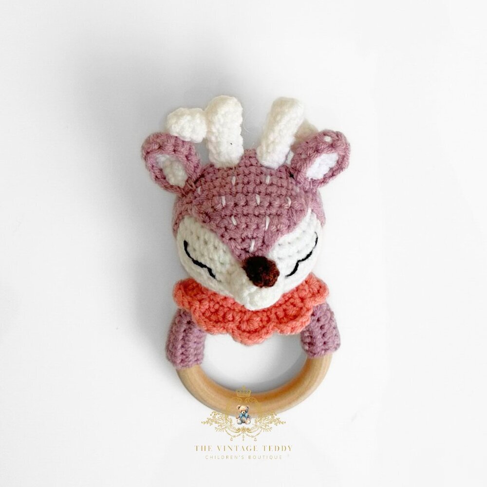 NWT Cute Handmade Crochet Girl Deer Baby Rattle Baby & Toddler Wooden Plush Toys
